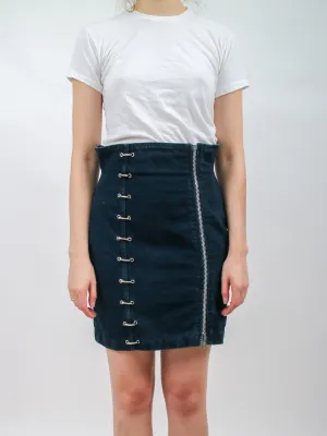 1980s Santana Black Denim Zipper and Rivet Pencil Mini Skirt
