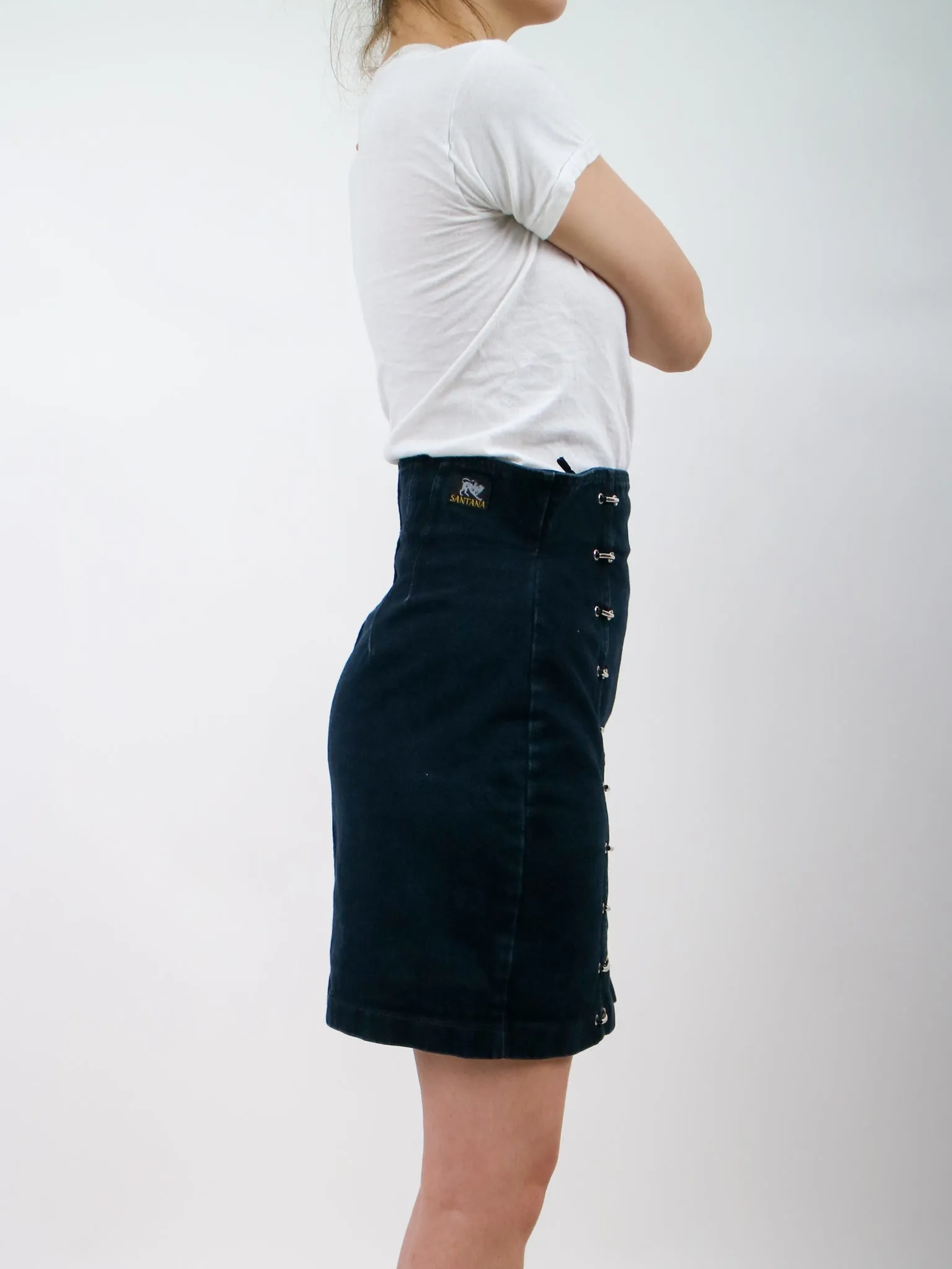 1980s Santana Black Denim Zipper and Rivet Pencil Mini Skirt