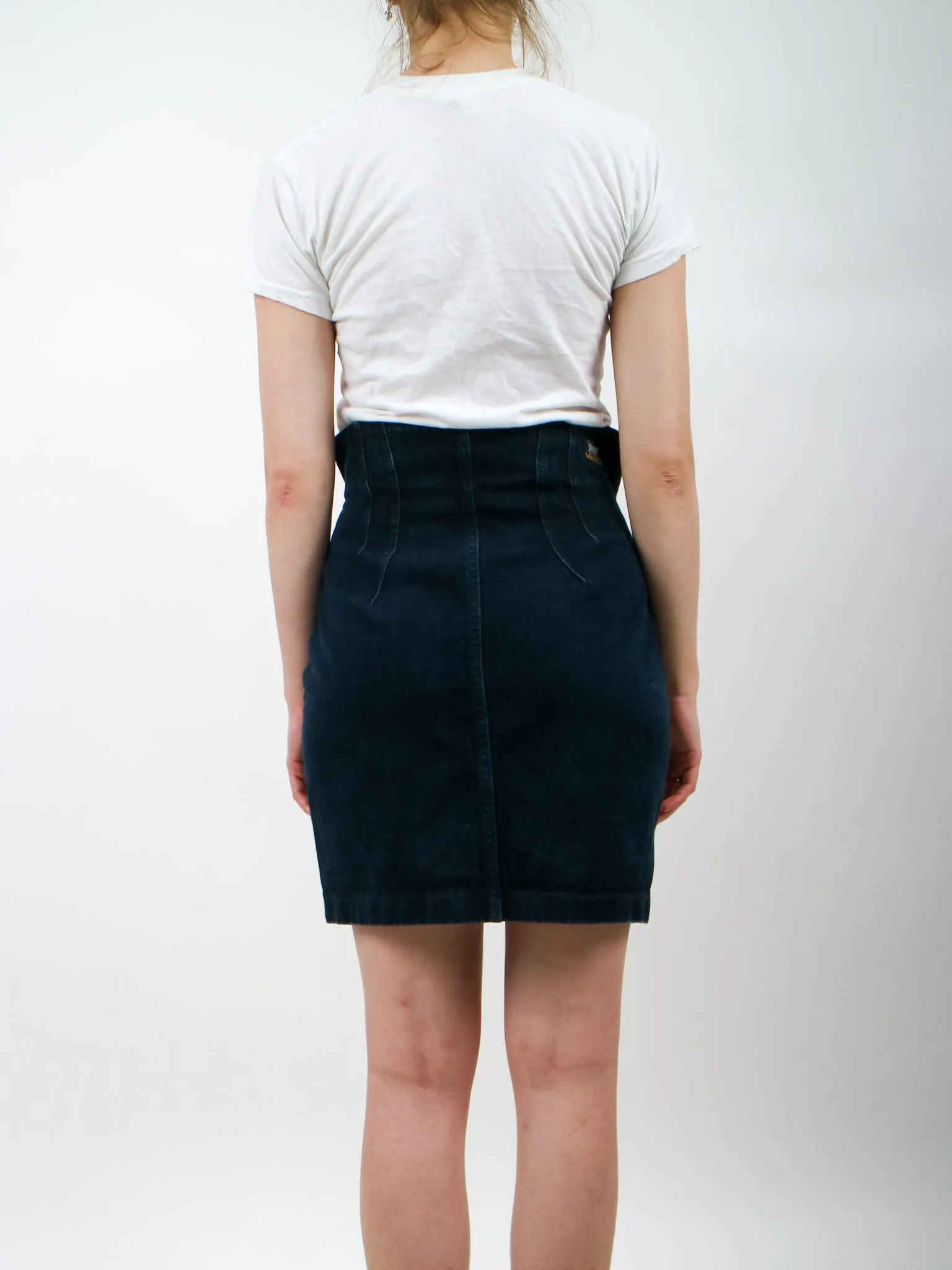1980s Santana Black Denim Zipper and Rivet Pencil Mini Skirt