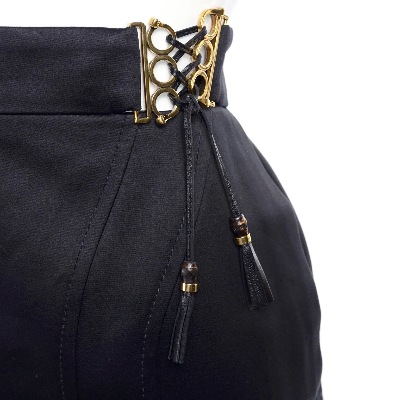 2011 Gucci Black Pencil Skirt W Gold Buckles & Leather Tassels Deadstock