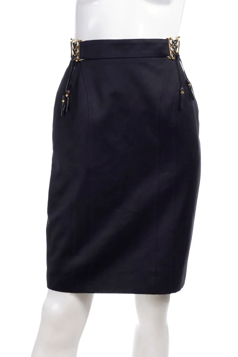 2011 Gucci Black Pencil Skirt W Gold Buckles & Leather Tassels Deadstock