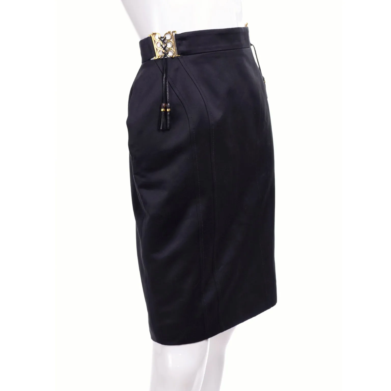 2011 Gucci Black Pencil Skirt W Gold Buckles & Leather Tassels Deadstock