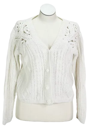 80s Extra Energy Wht Cableknit Cardigan     M
