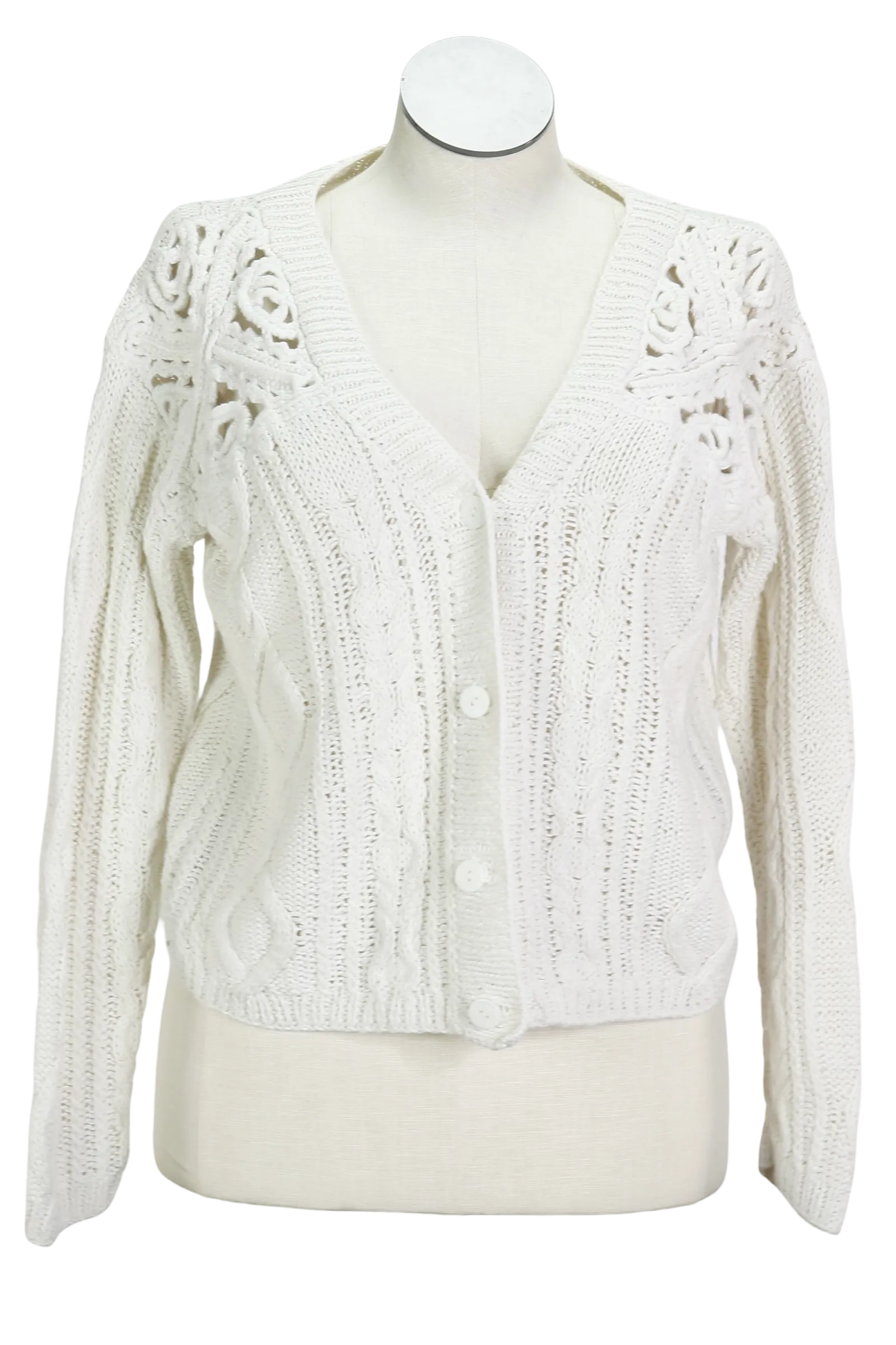80s Extra Energy Wht Cableknit Cardigan     M