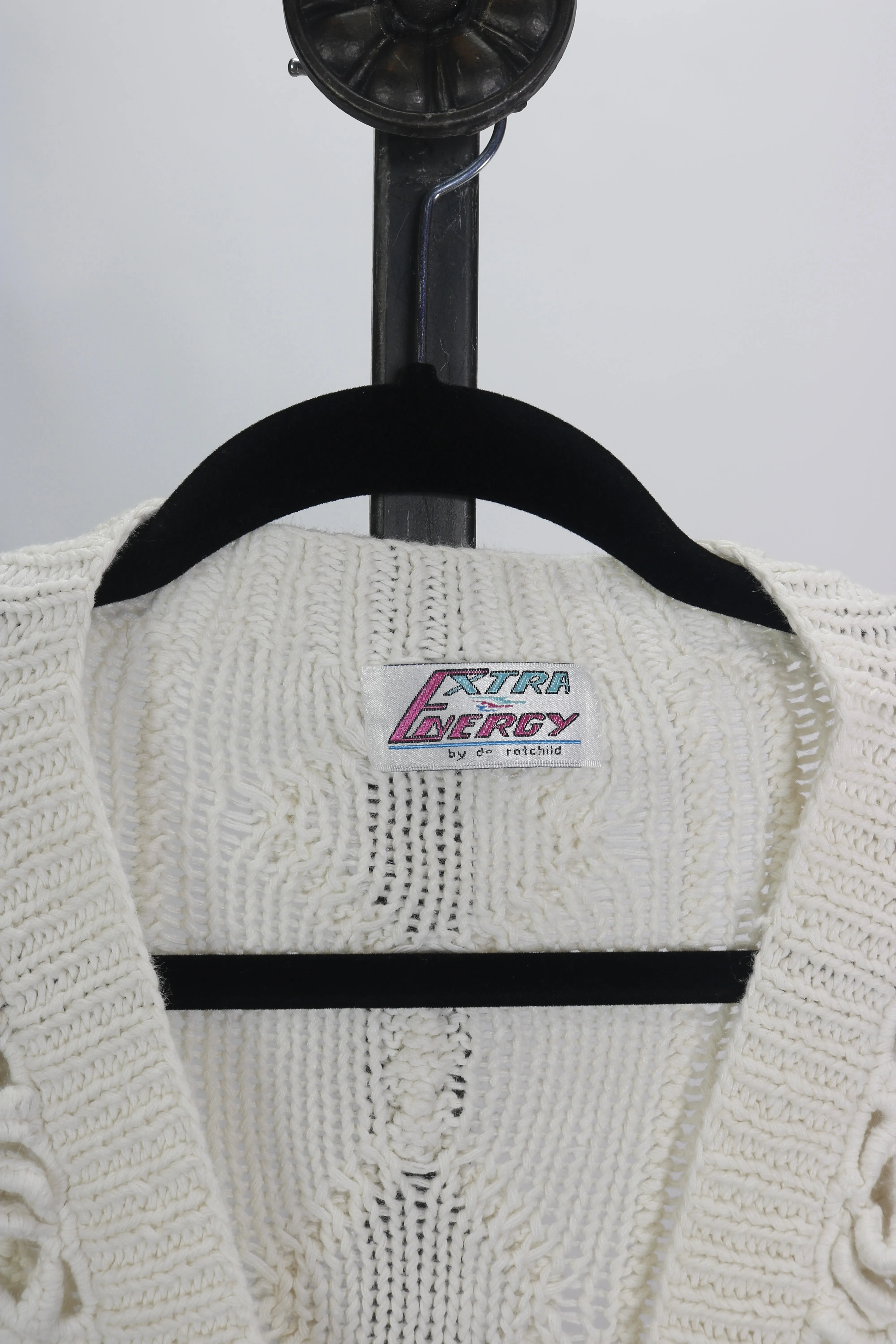 80s Extra Energy Wht Cableknit Cardigan     M
