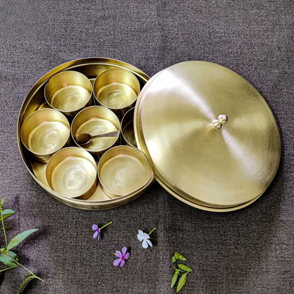 9" Vintage Spice Box | Matte Finish Brass | Kitchen Utensil | Durable | Authentic