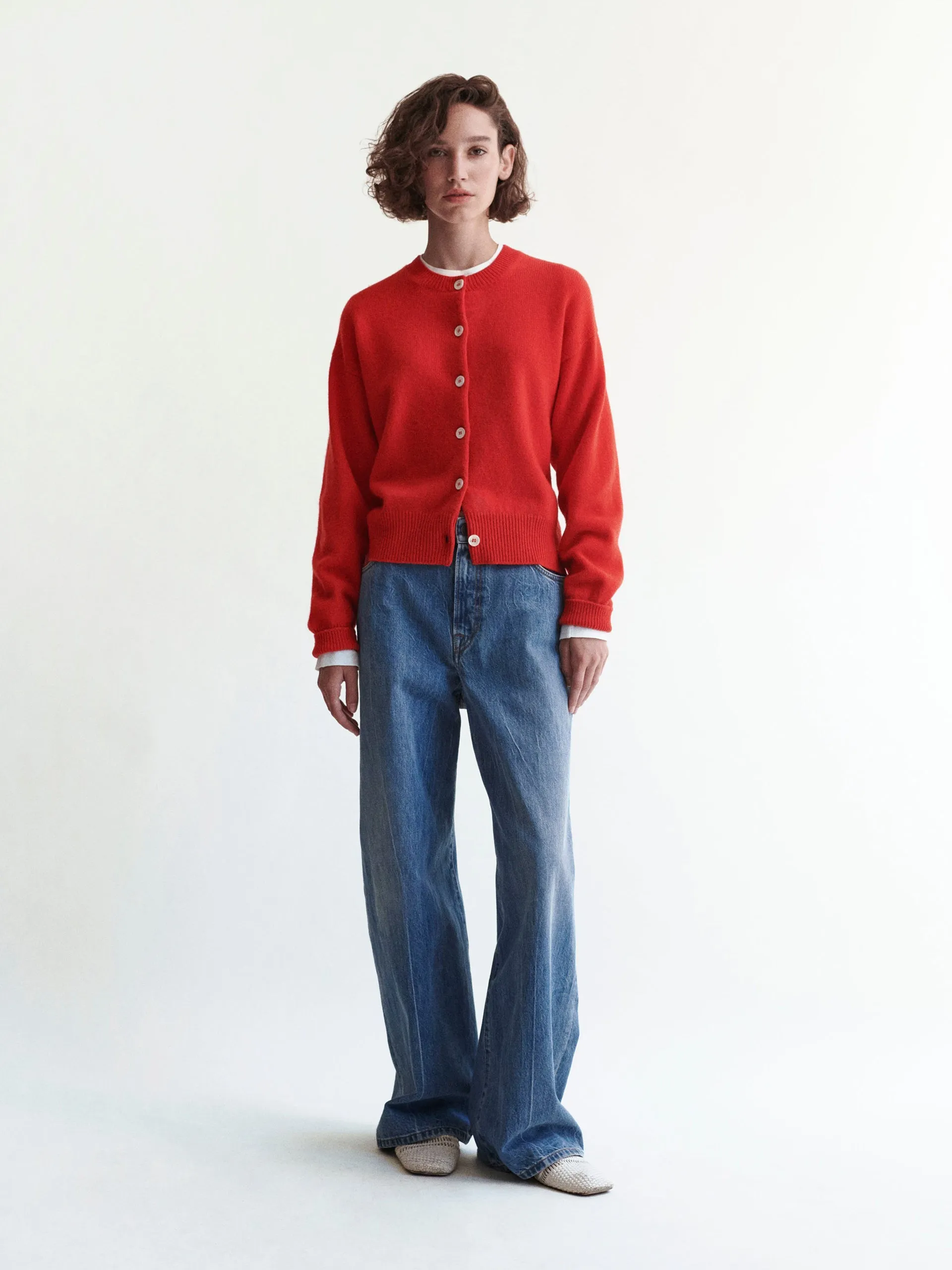 Ada Geelong crewneck cardigan in poppy red