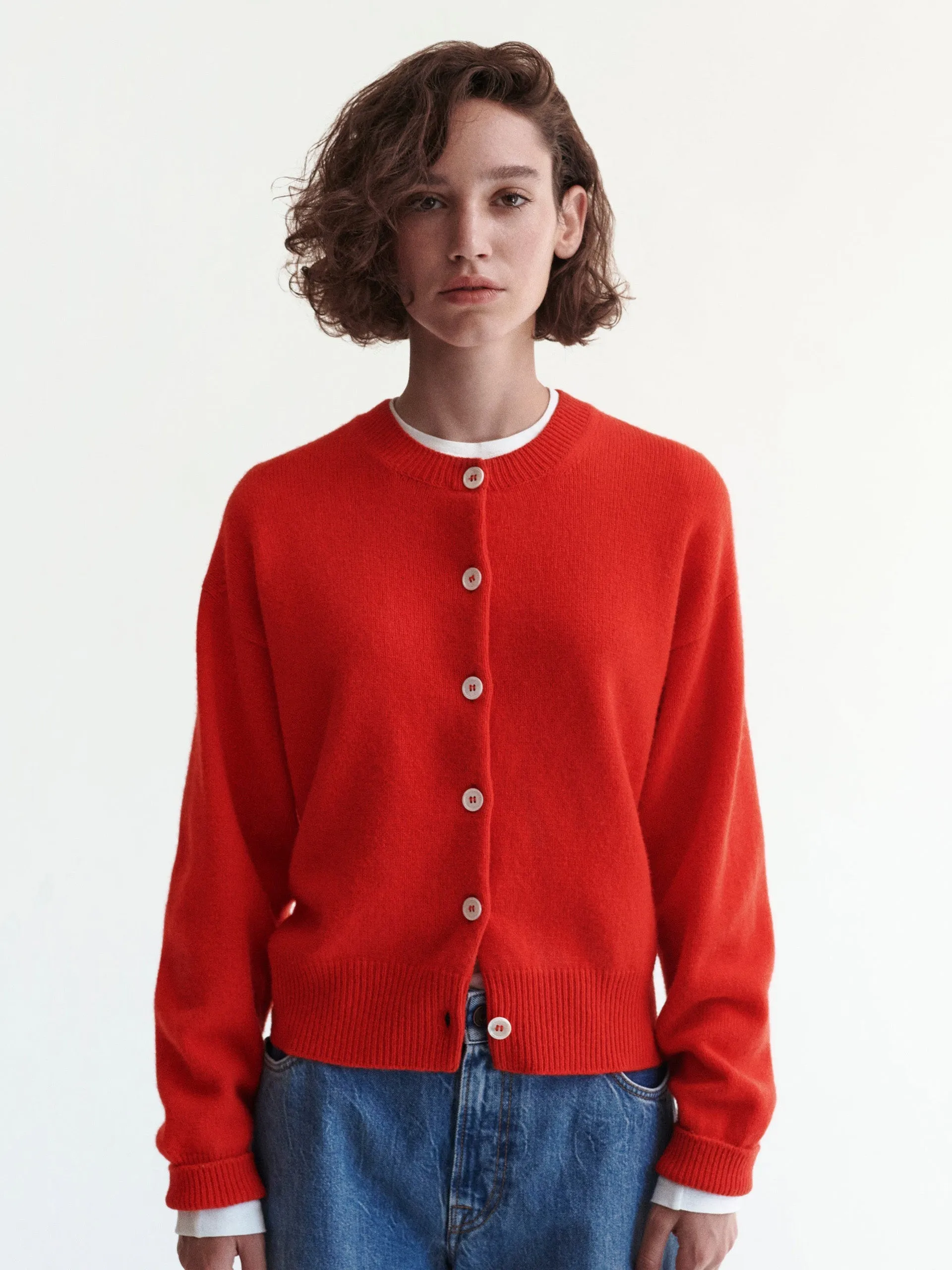 Ada Geelong crewneck cardigan in poppy red