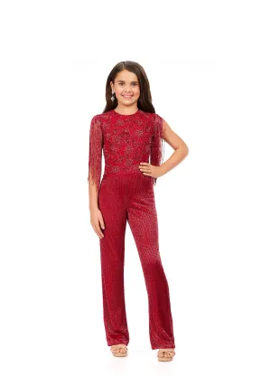 Ashley Lauren Kids 8193 Girls Pageant Jumpsuit Liquid Beaded Crew Neckline With Fringe details and one long sleeve Jumpsuit