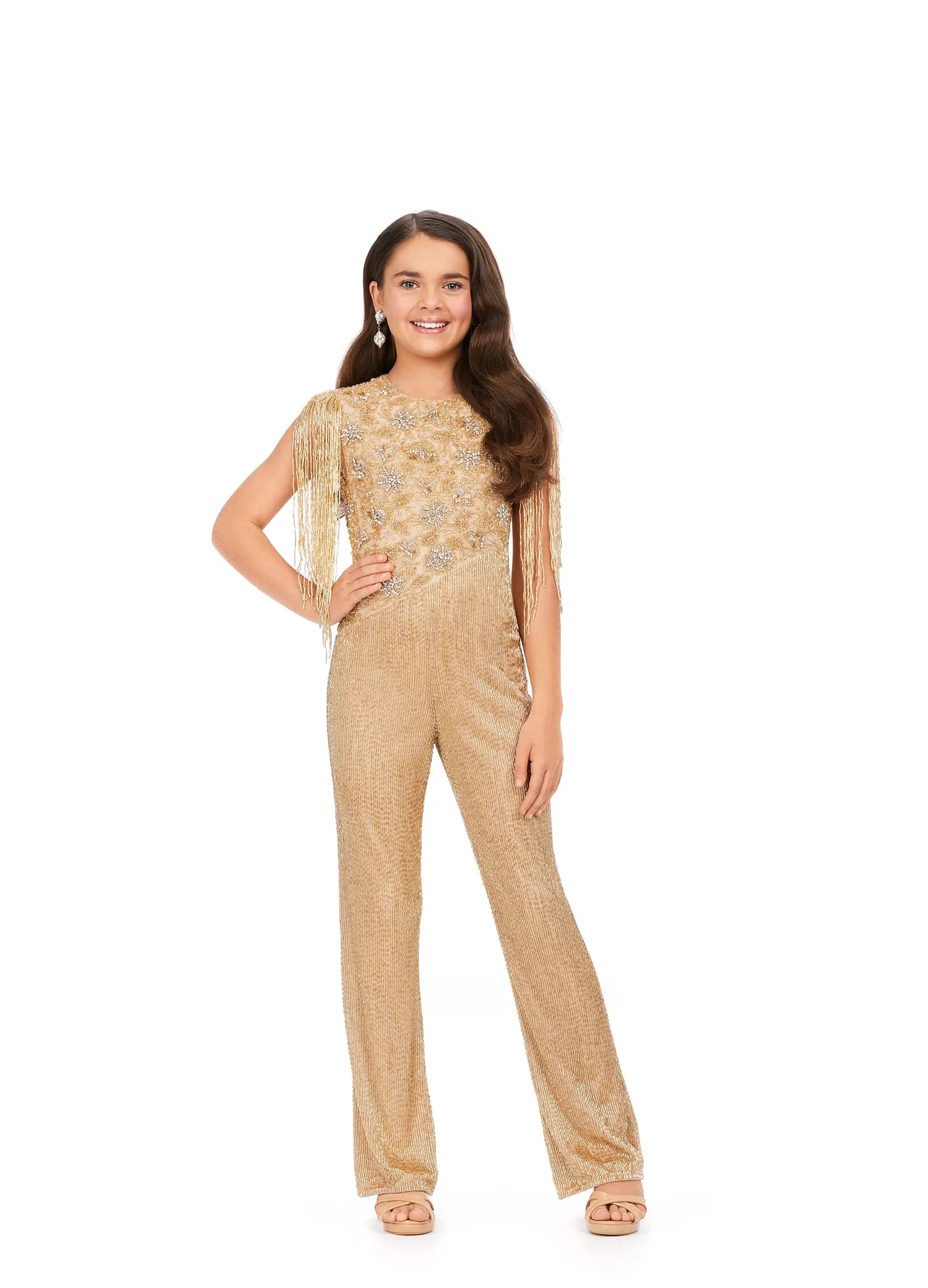 Ashley Lauren Kids 8193 Girls Pageant Jumpsuit Liquid Beaded Crew Neckline With Fringe details and one long sleeve Jumpsuit