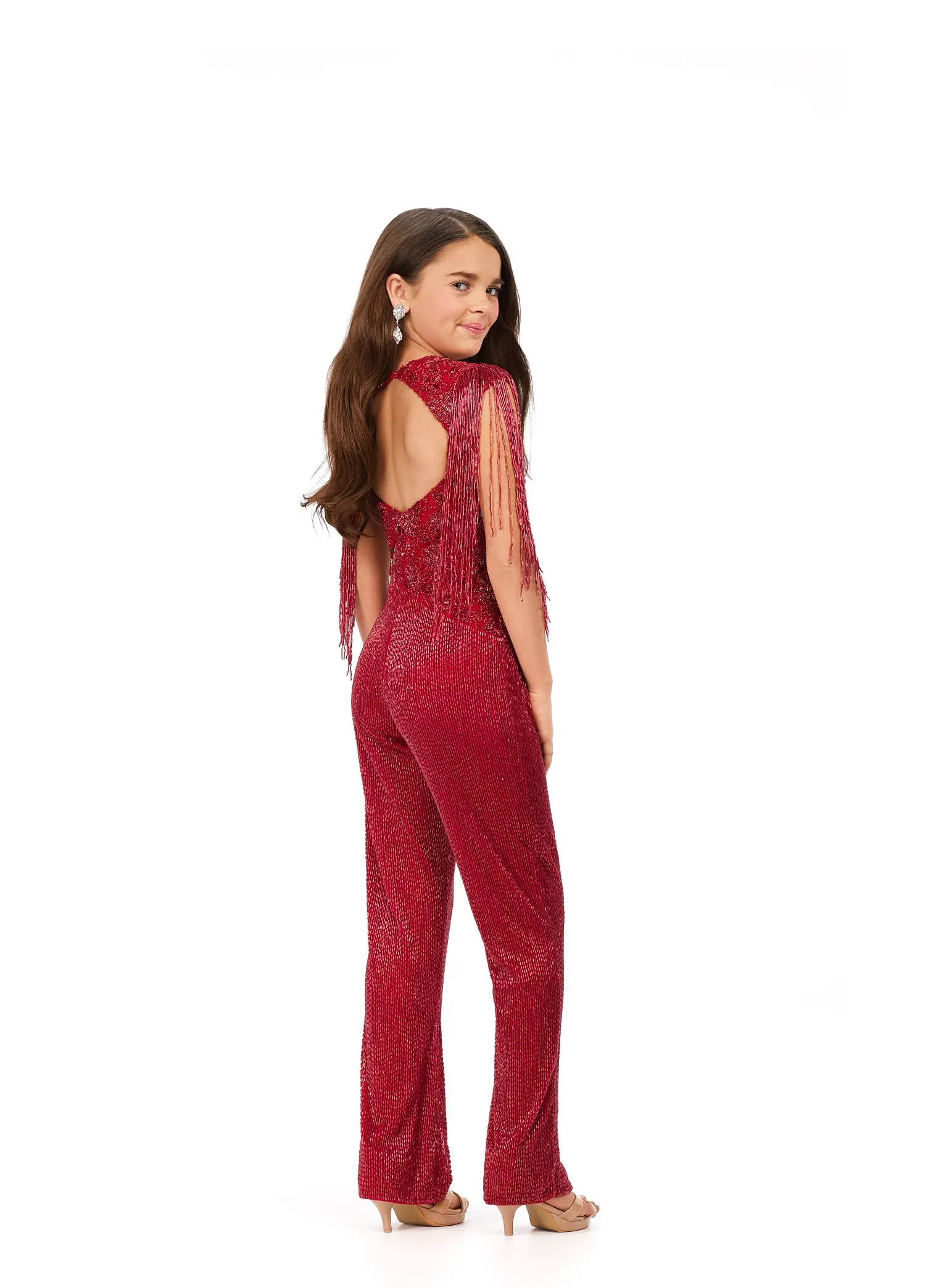 Ashley Lauren Kids 8193 Girls Pageant Jumpsuit Liquid Beaded Crew Neckline With Fringe details and one long sleeve Jumpsuit