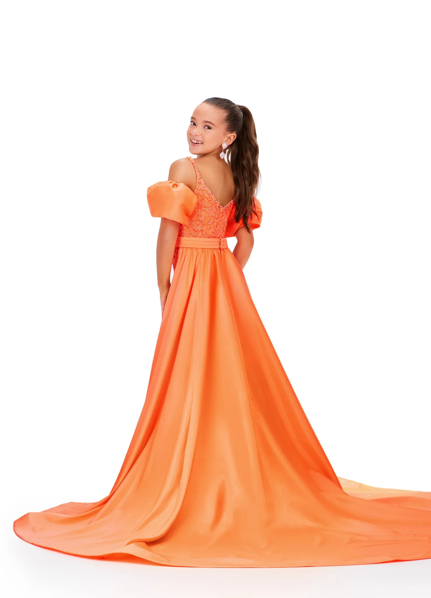 Ashley Lauren Kids 8269 Girls Beaded Puff Sleeve Jumpsuit Pageant Fun Fashion Overskirt Formal
