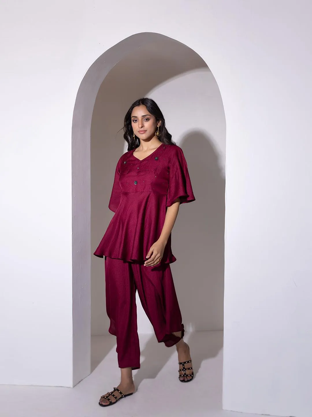 Beet Red Peplum Co-Ord Set By RAGAVI