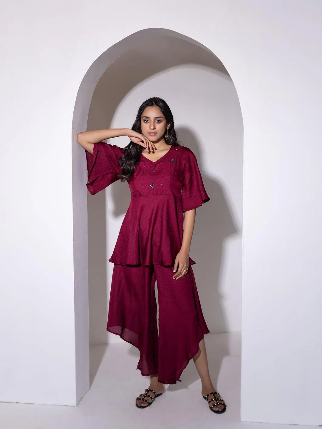Beet Red Peplum Co-Ord Set By RAGAVI