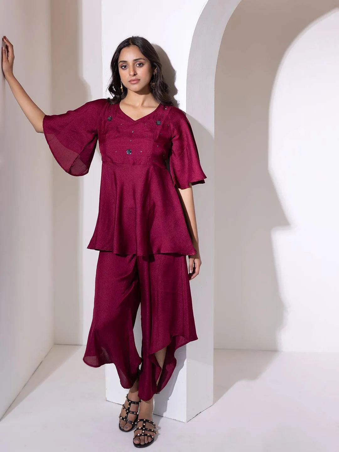 Beet Red Peplum Co-Ord Set By RAGAVI