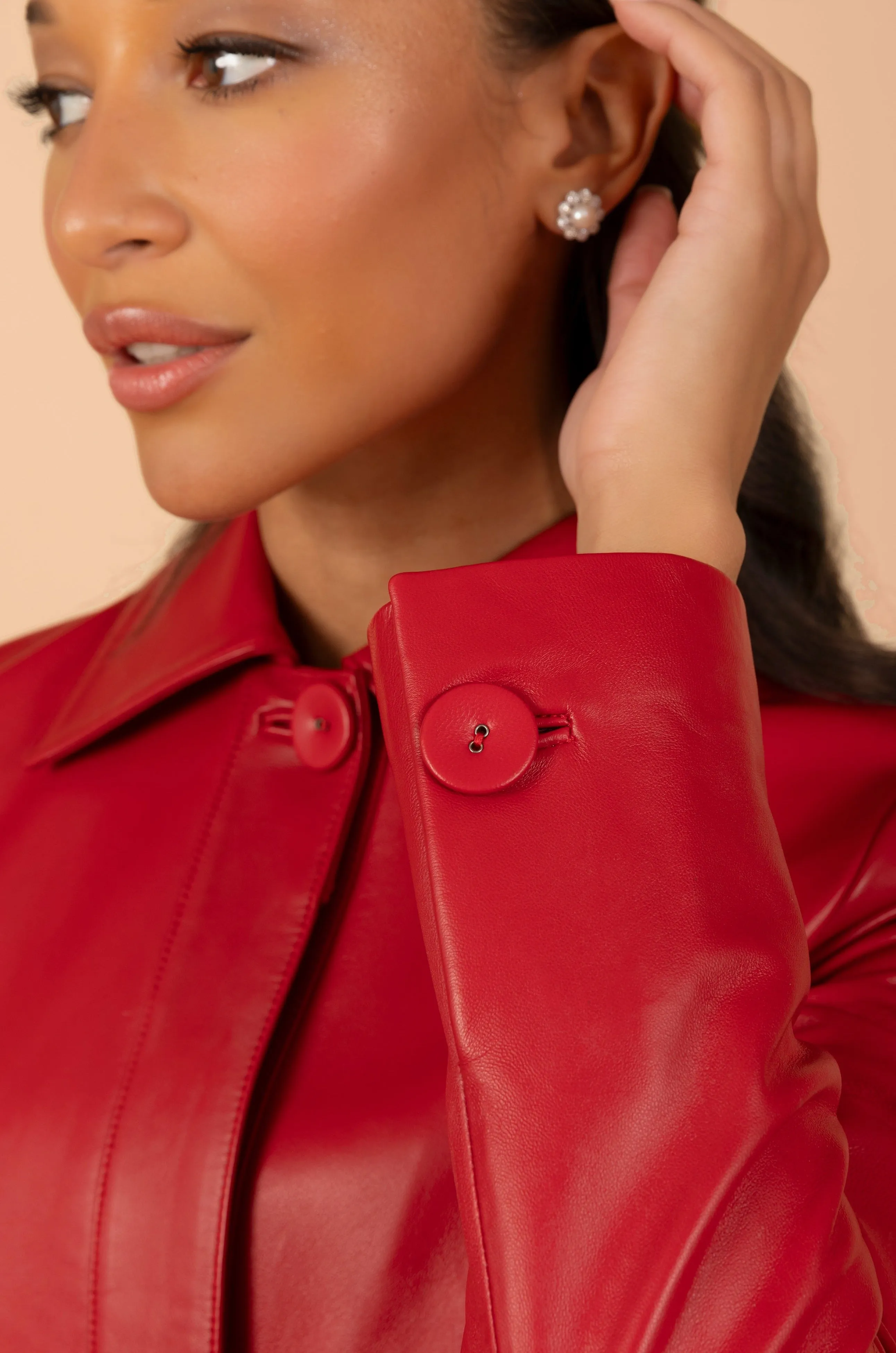'Bellucci' Belted Leather Coat in Rosso