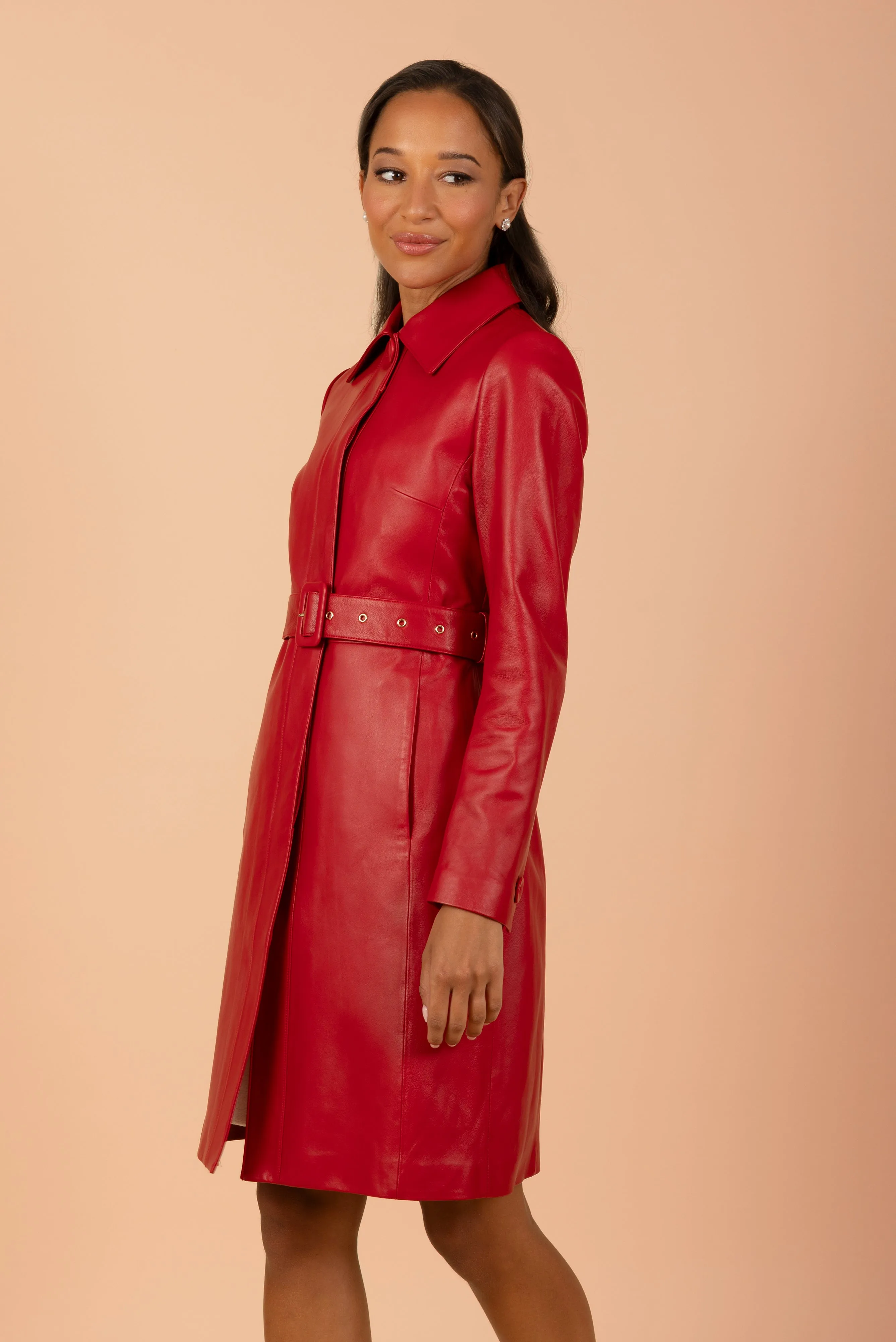 'Bellucci' Belted Leather Coat in Rosso