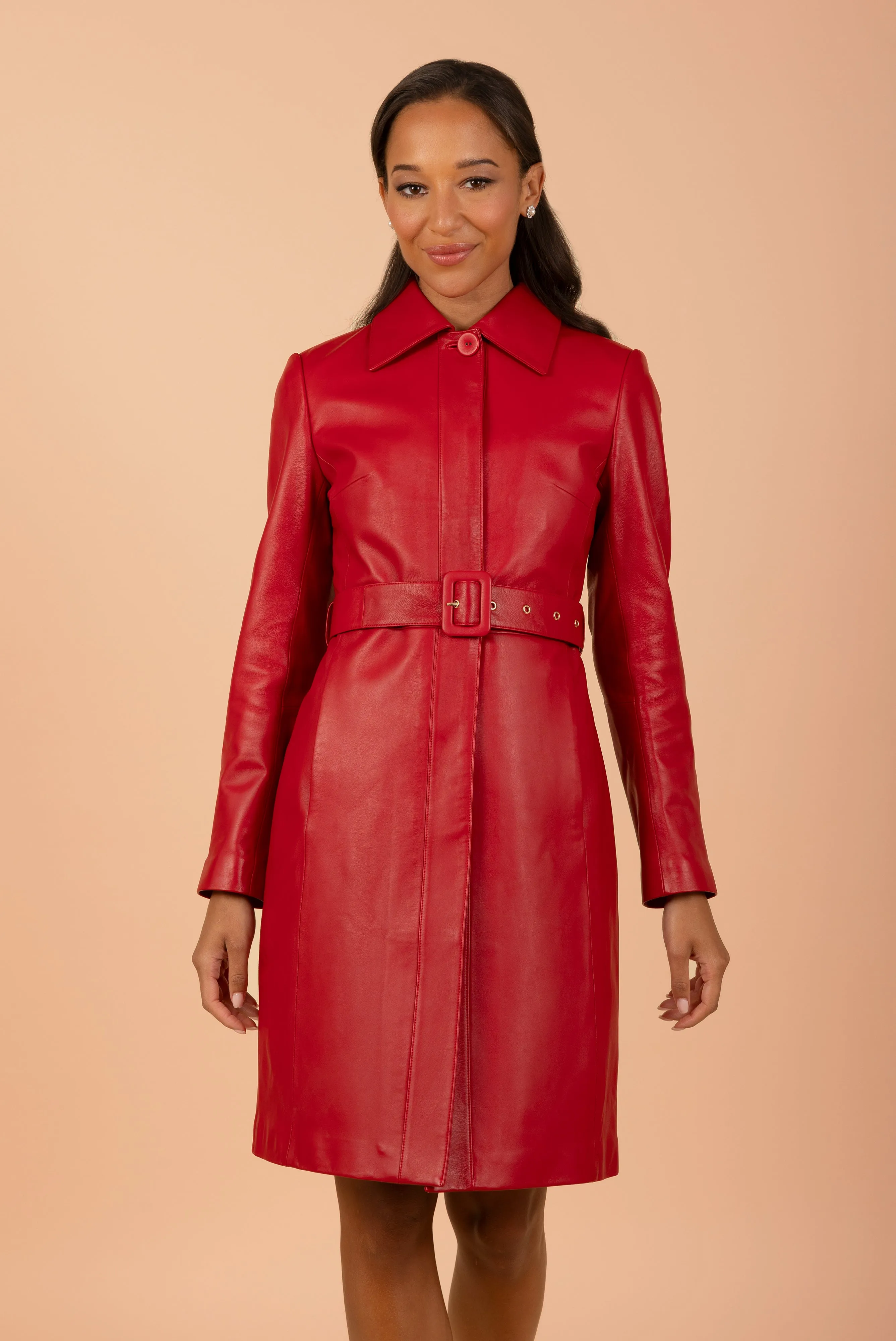'Bellucci' Belted Leather Coat in Rosso