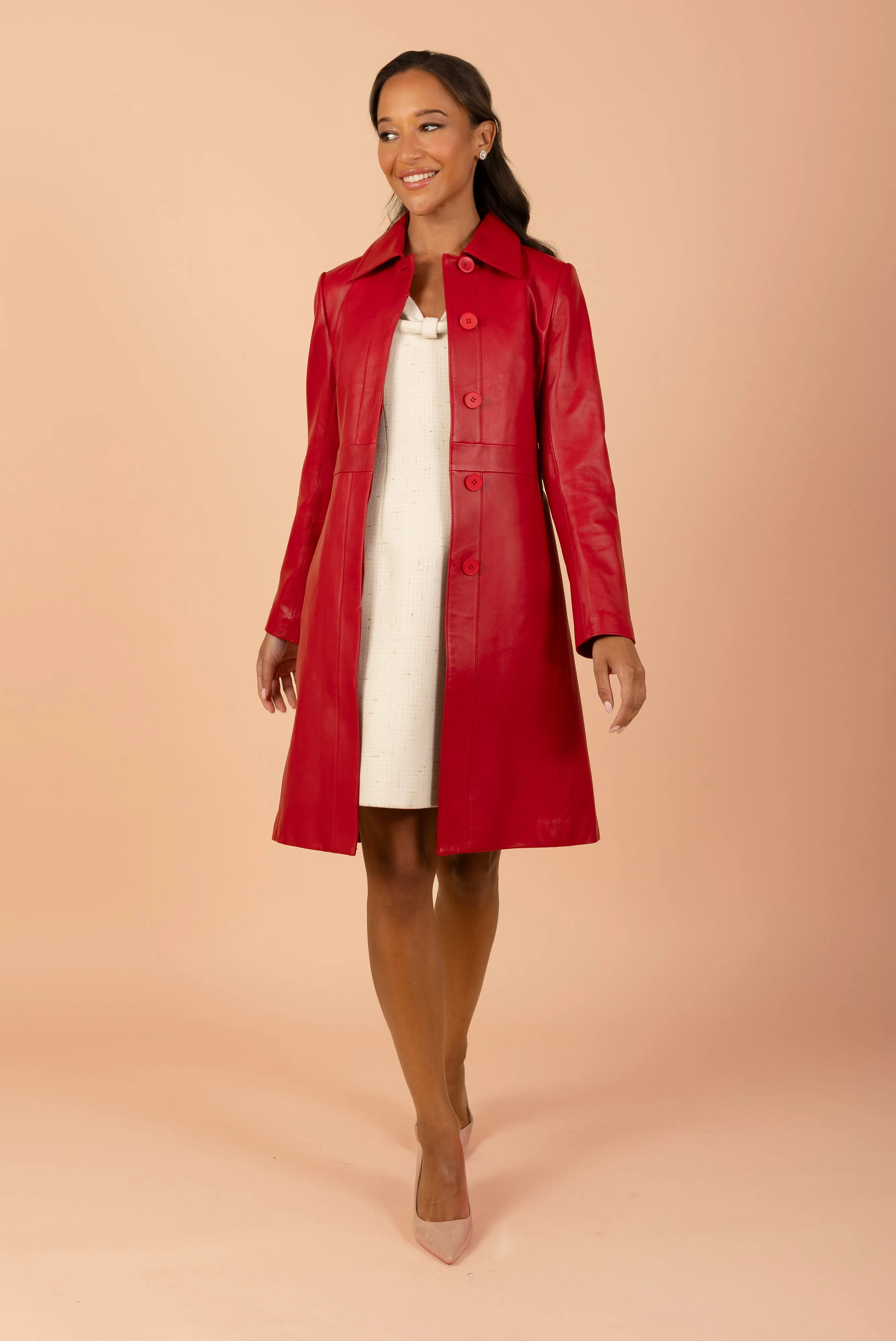 'Bellucci' Belted Leather Coat in Rosso