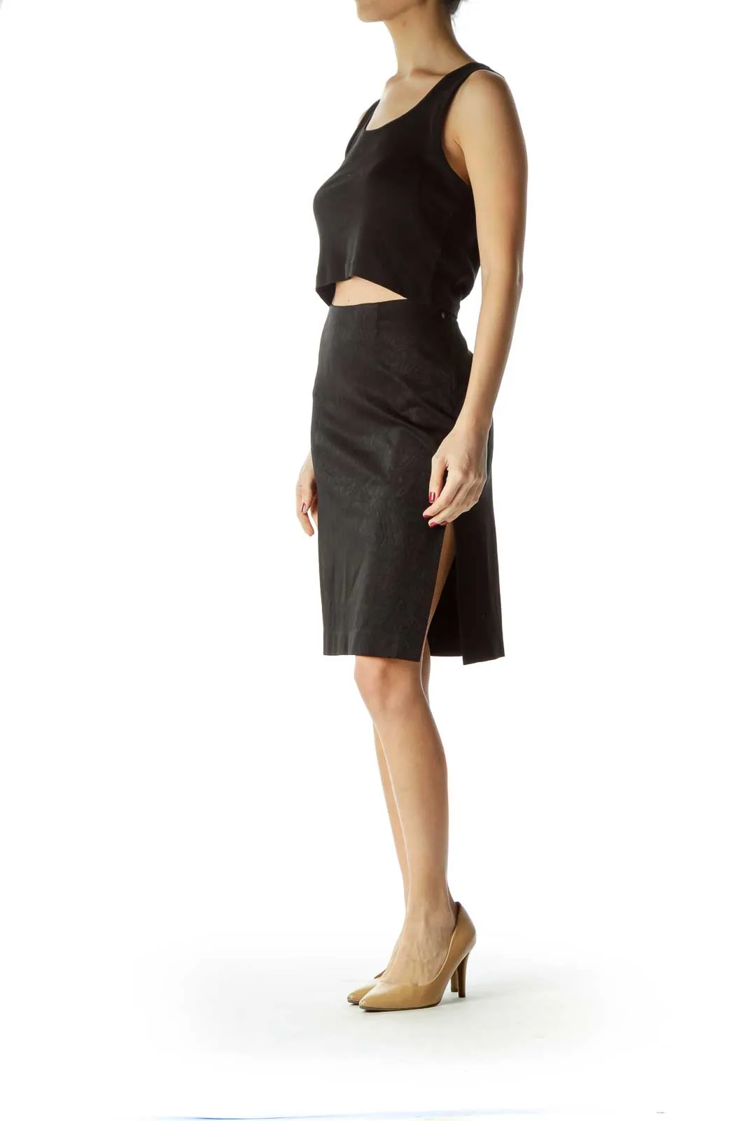 Black Printed Side-Zippered Pencil Skirt