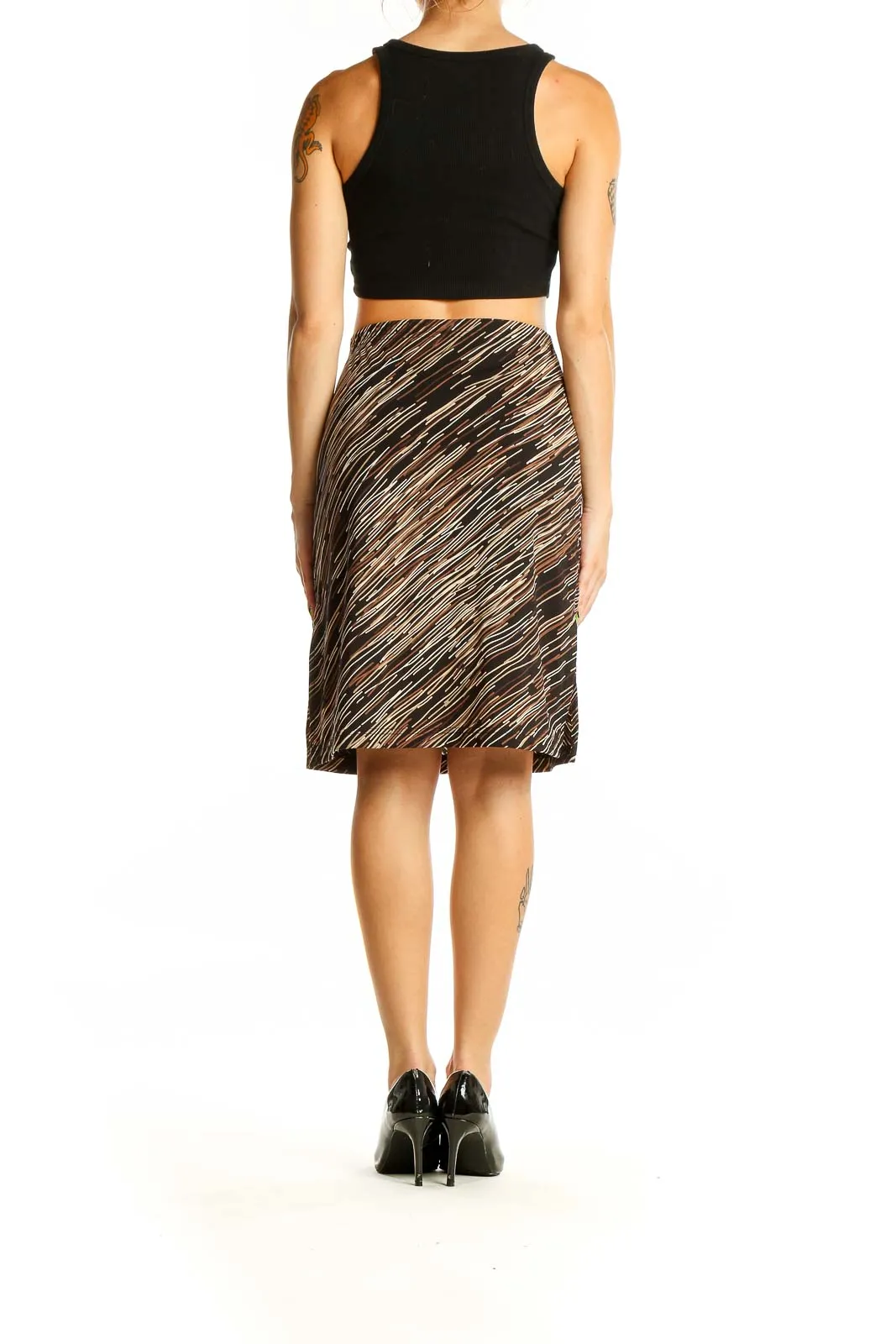 Brown Striped Polyester Pencil Skirt