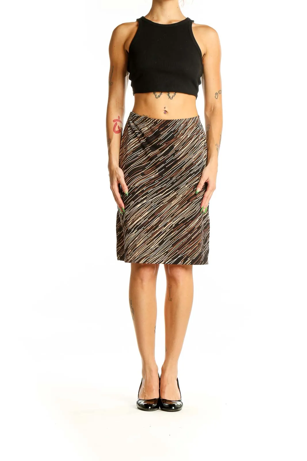 Brown Striped Polyester Pencil Skirt