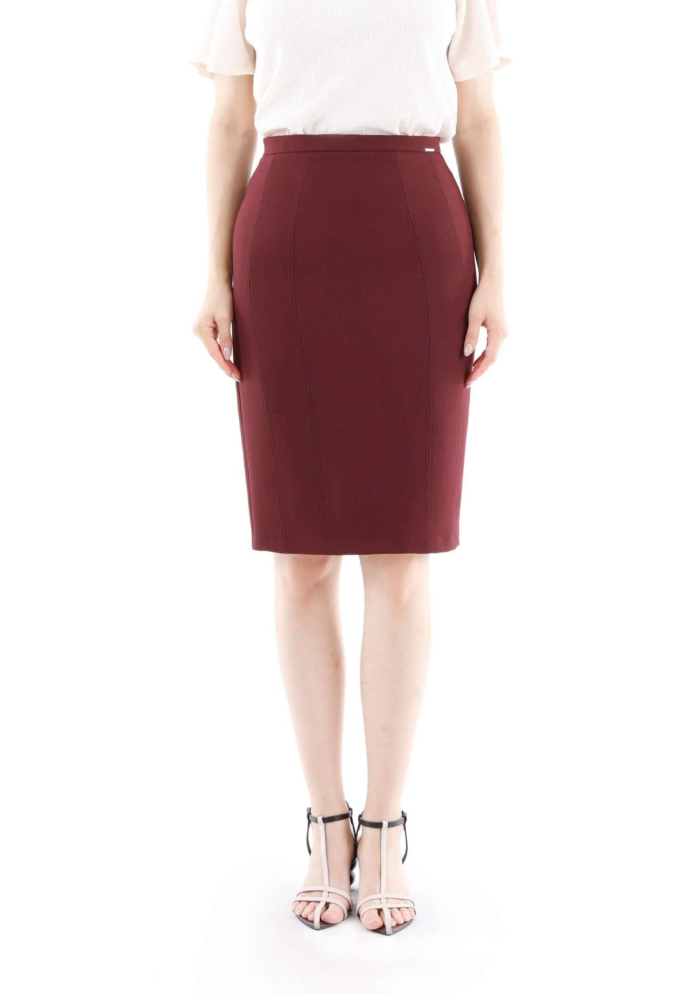 Burgundy Double Slit Pencil Knee Length Skirt