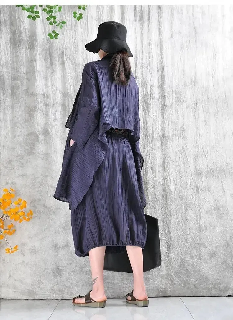 Casual Linen Stand Collar Shirt and Skirt Set for Women