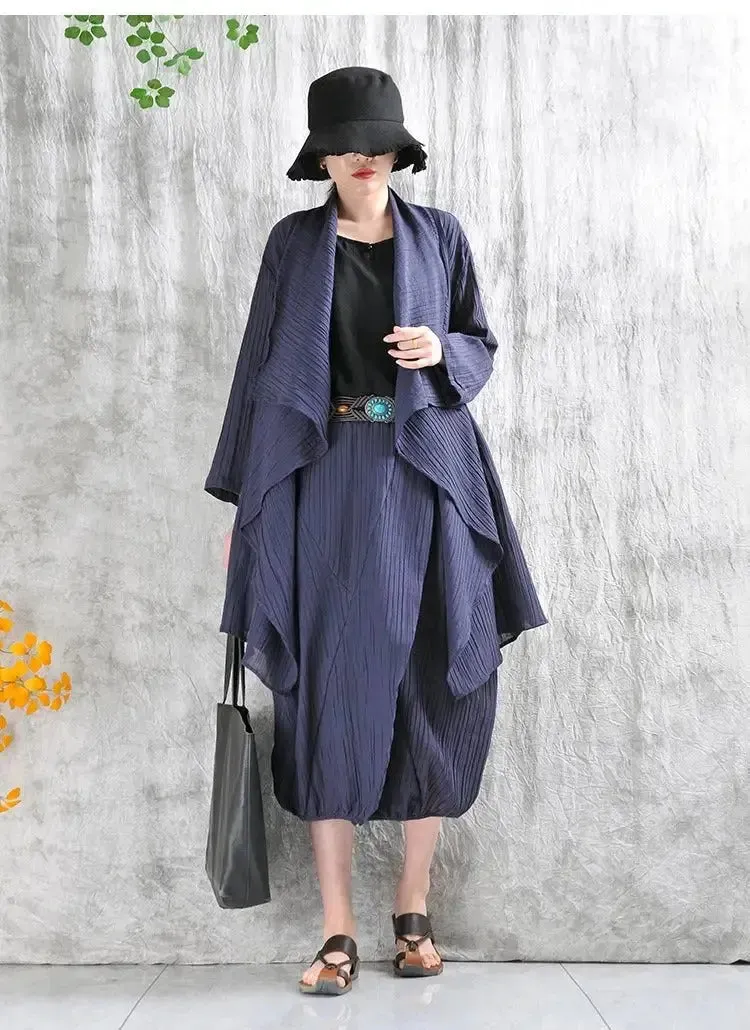Casual Linen Stand Collar Shirt and Skirt Set for Women