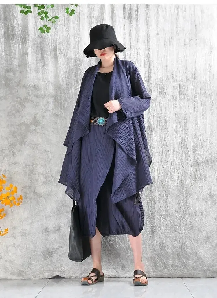 Casual Linen Stand Collar Shirt and Skirt Set for Women