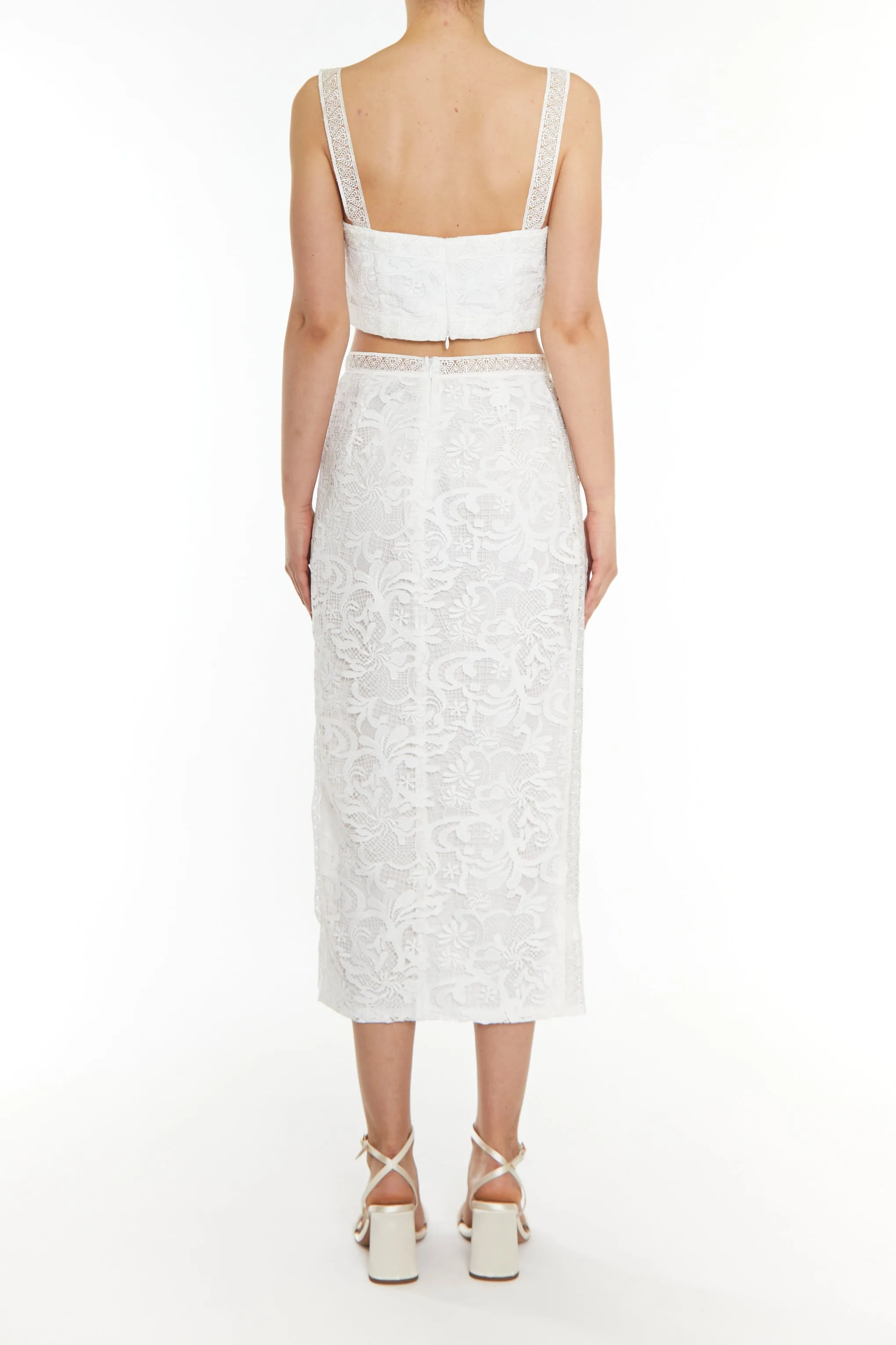 Celine Co-ord White Lace Trim Pencil Midi Skirt