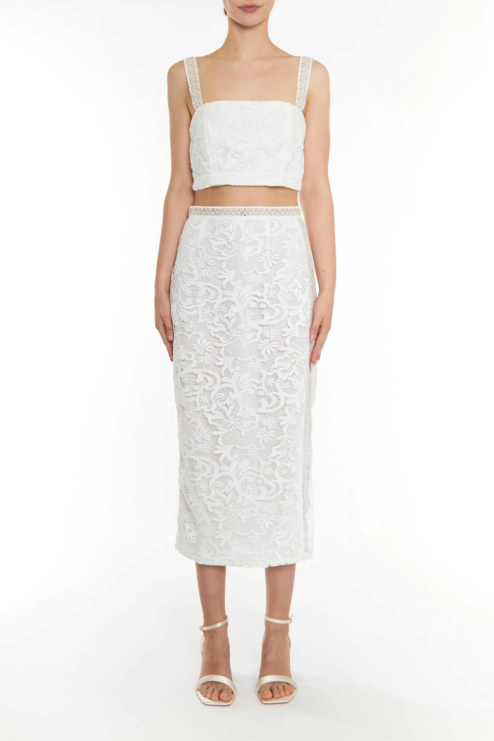 Celine Co-ord White Lace Trim Pencil Midi Skirt