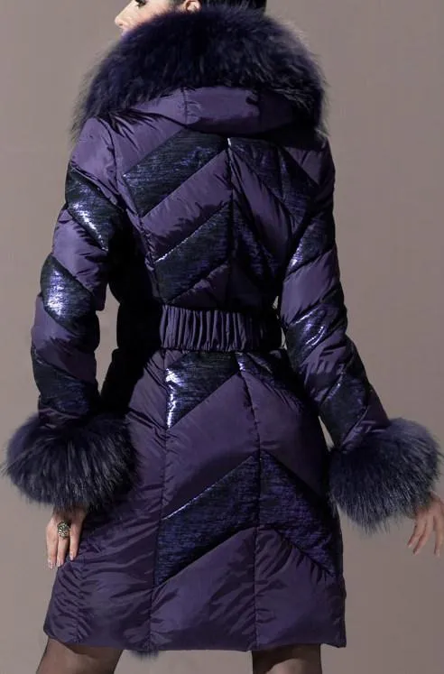 Chevron-Metallic-Paneled Fur-Trim Puffer Coat