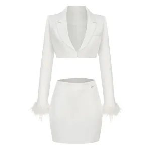 Chic Faux Feather Trim Lapel Collar Open Front Cropped Blazer Matching Set