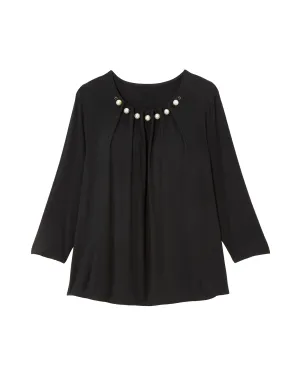 Chrissa 3/4 Sleeve Neck Pearl Gathered Tee | Black