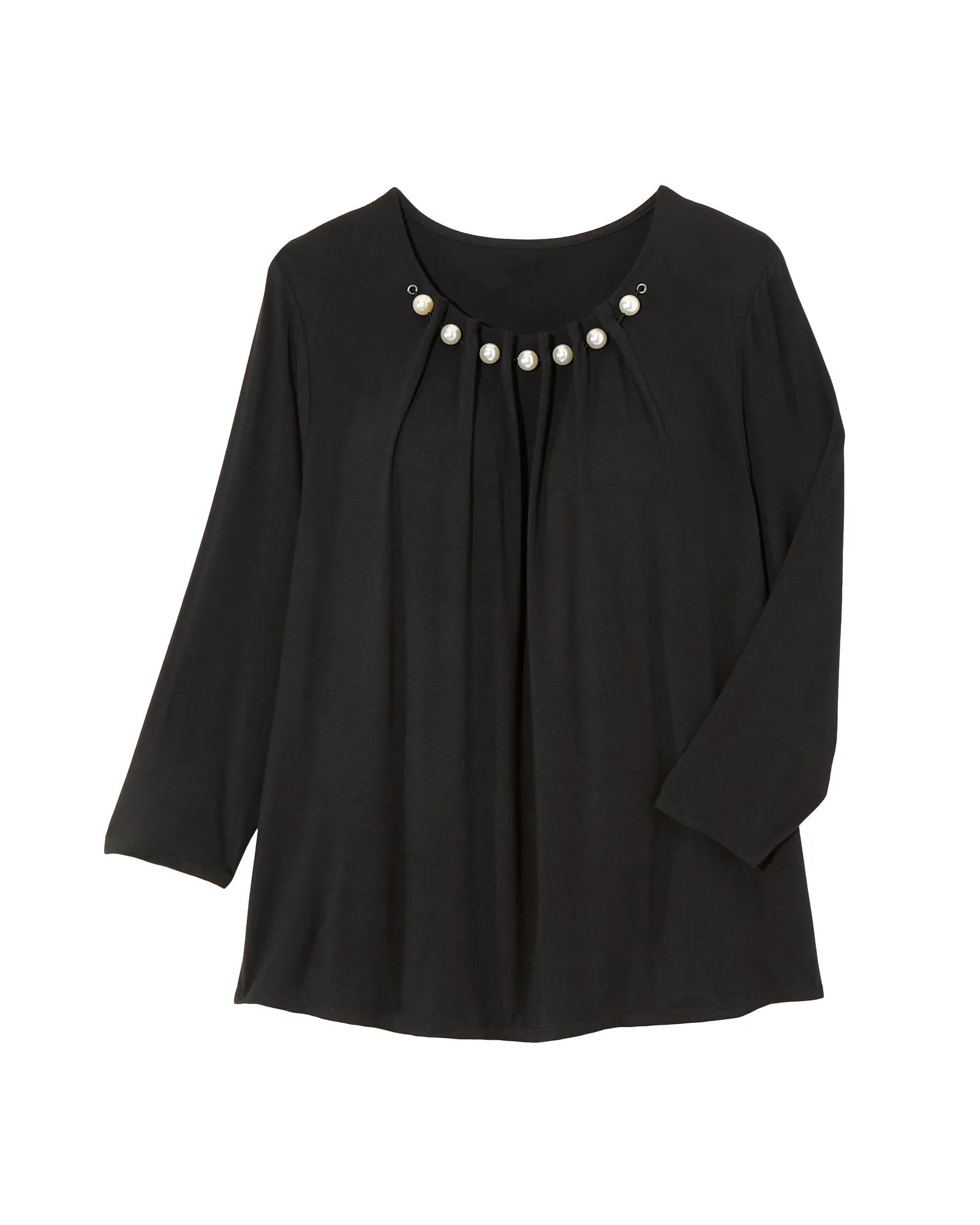 Chrissa 3/4 Sleeve Neck Pearl Gathered Tee | Black
