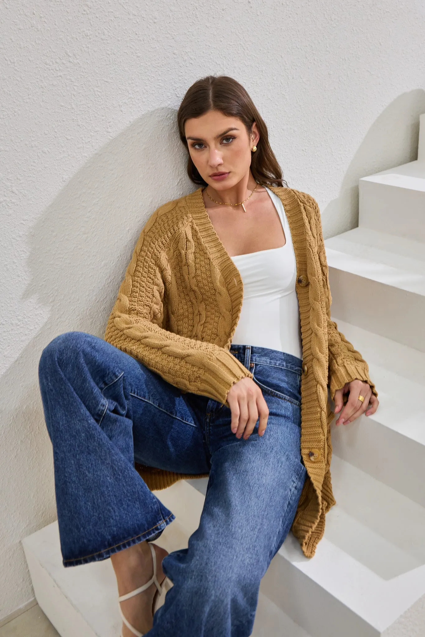 Dawn Mocha Longline Cable Knit Cardigan