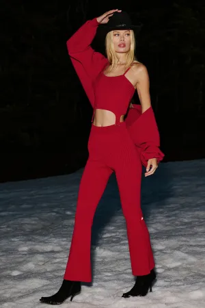 Denim Knit High-Waist Flare Pant - Bold Red/Dark Bold Red