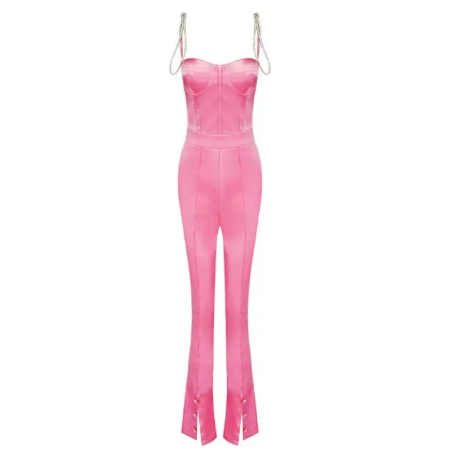 Diamond lace up Pink Satin Jumpsuit