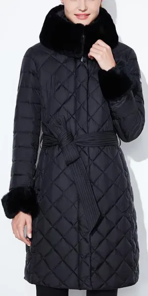 Diamond Padded Fur-Trim Coat, Black