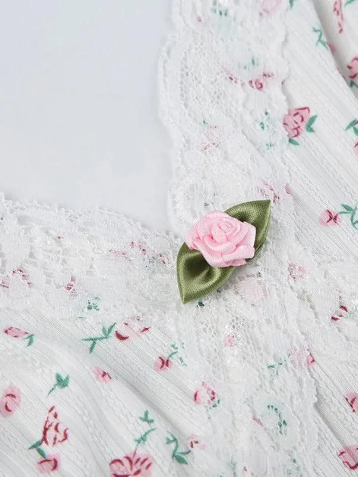 Ditsy Floral Print Lace Trim V Neck Sleeveless Jumpsuit