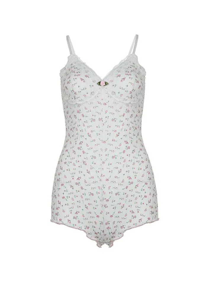 Ditsy Floral Print Lace Trim V Neck Sleeveless Jumpsuit