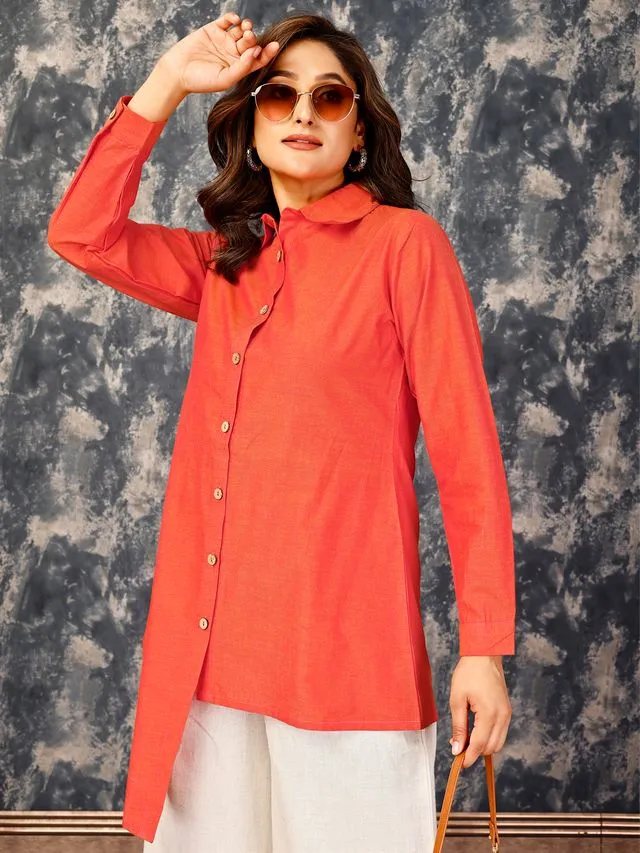 elegant asymmetric button down shirt with a flared pants set in Cotton Flex - Orange