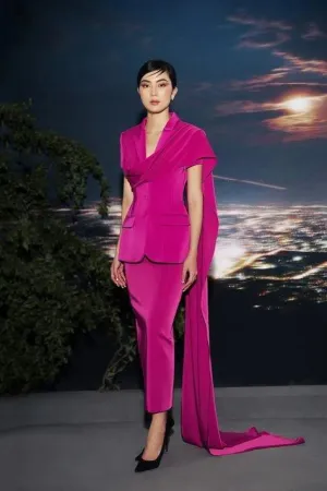 Elegant long drapping flap pencil skirt fuchsia suit set- Tati