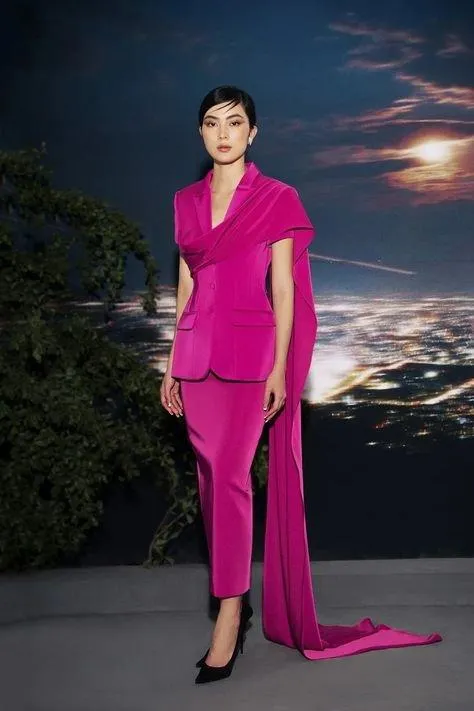Elegant long drapping flap pencil skirt fuchsia suit set- Tati