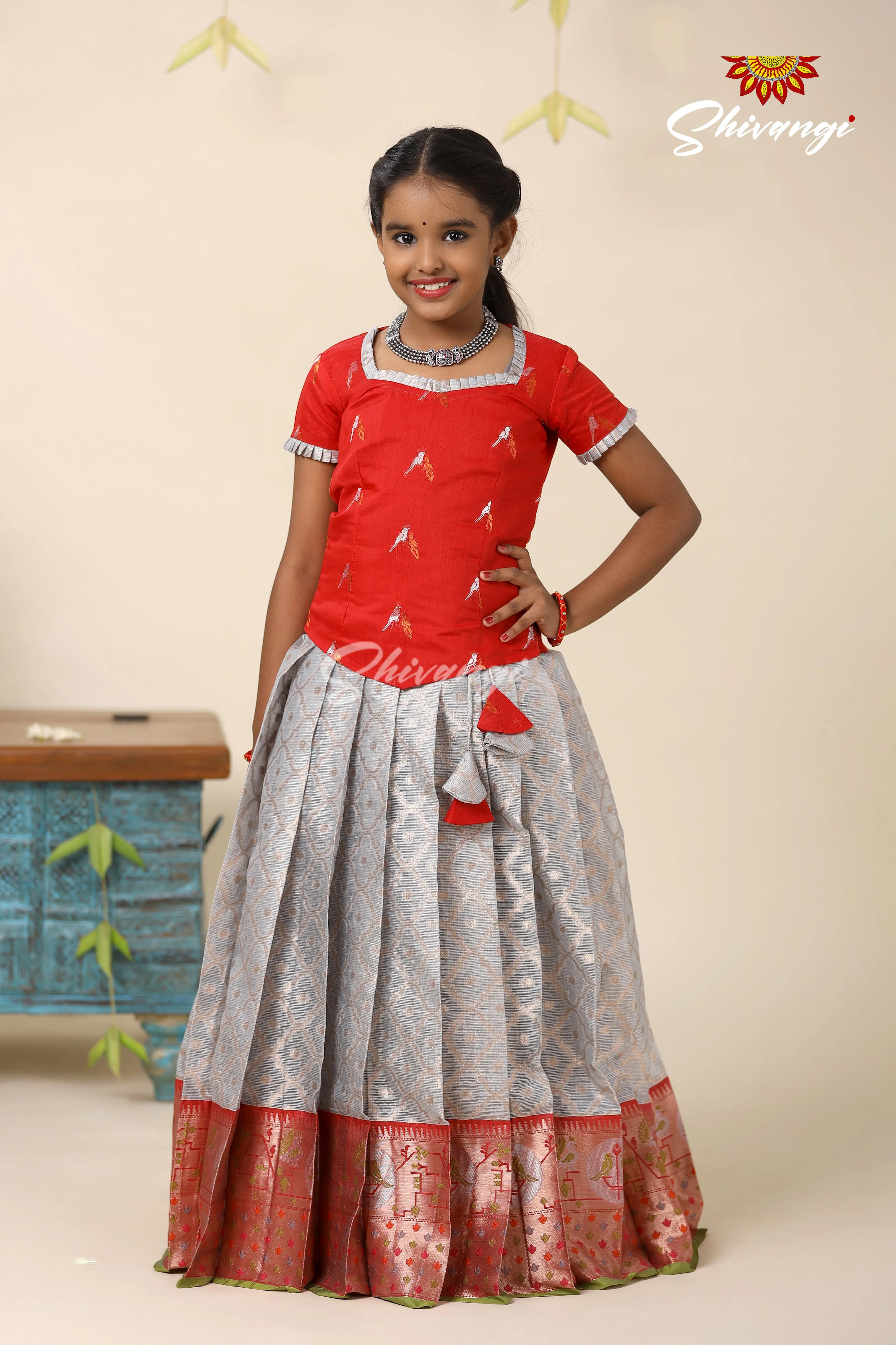 Festive Collection - Grey Kota Bird Pattu Pavadai For Kids  !!!