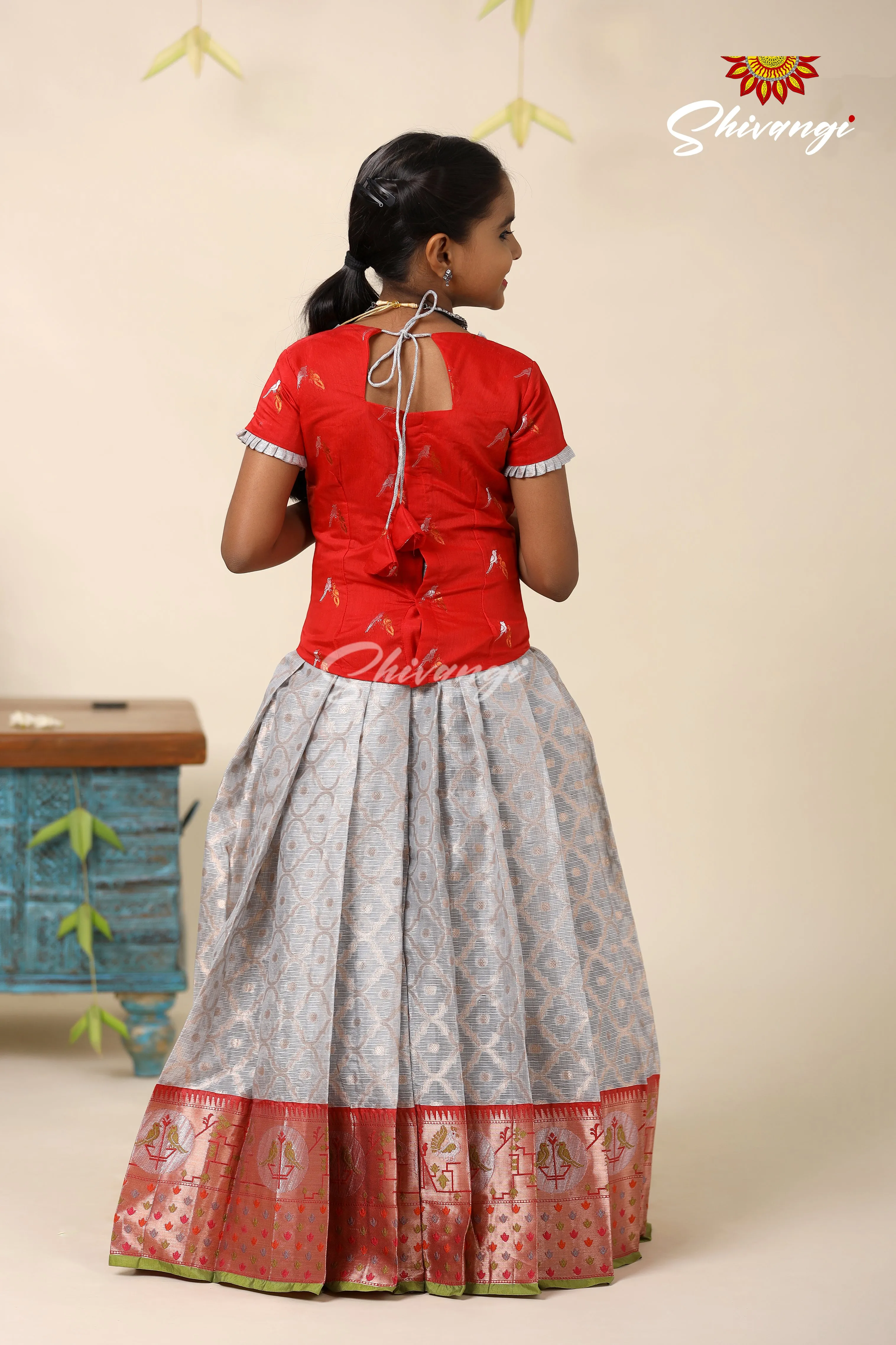 Festive Collection - Grey Kota Bird Pattu Pavadai For Kids  !!!