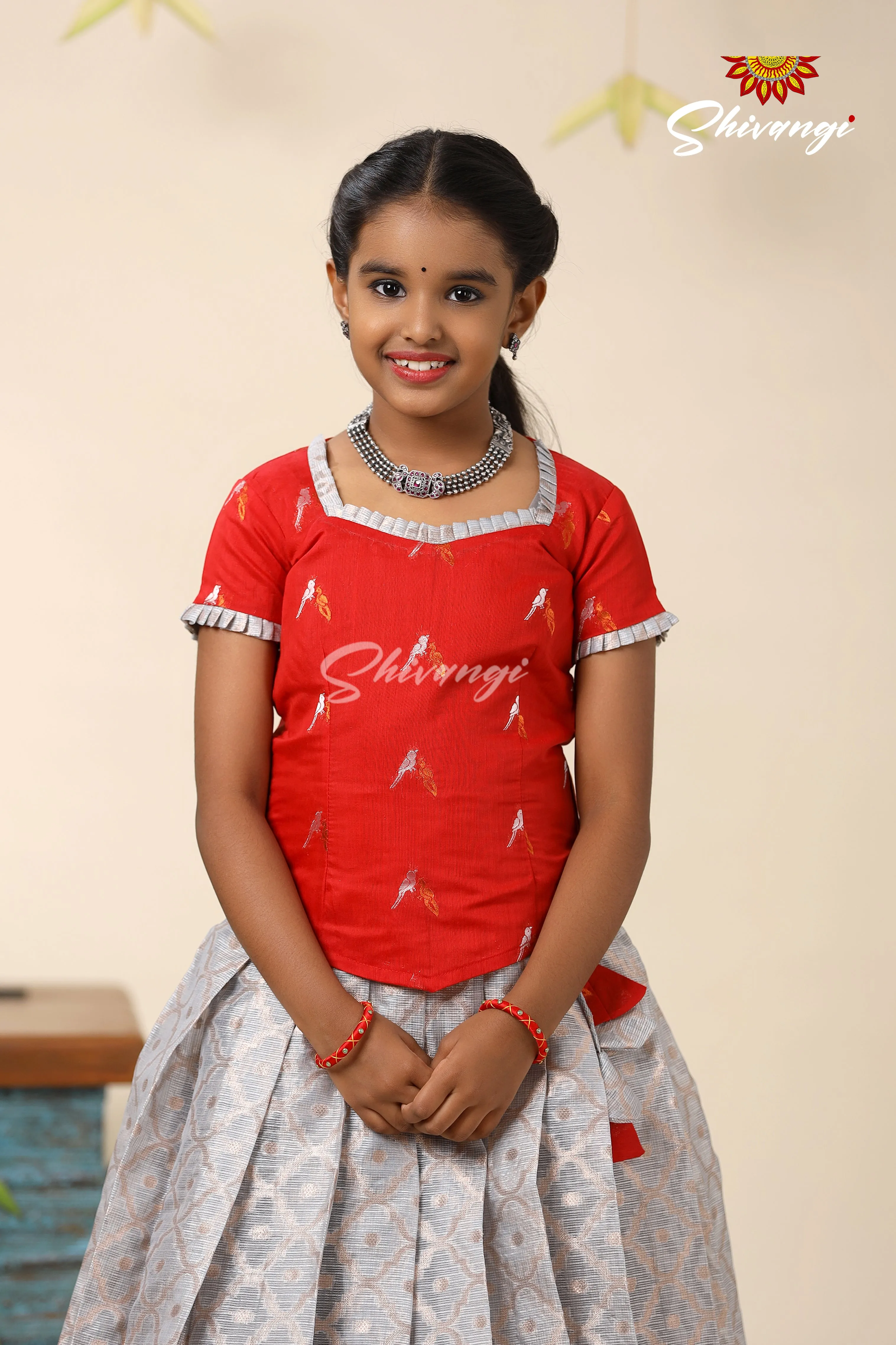Festive Collection - Grey Kota Bird Pattu Pavadai For Kids  !!!