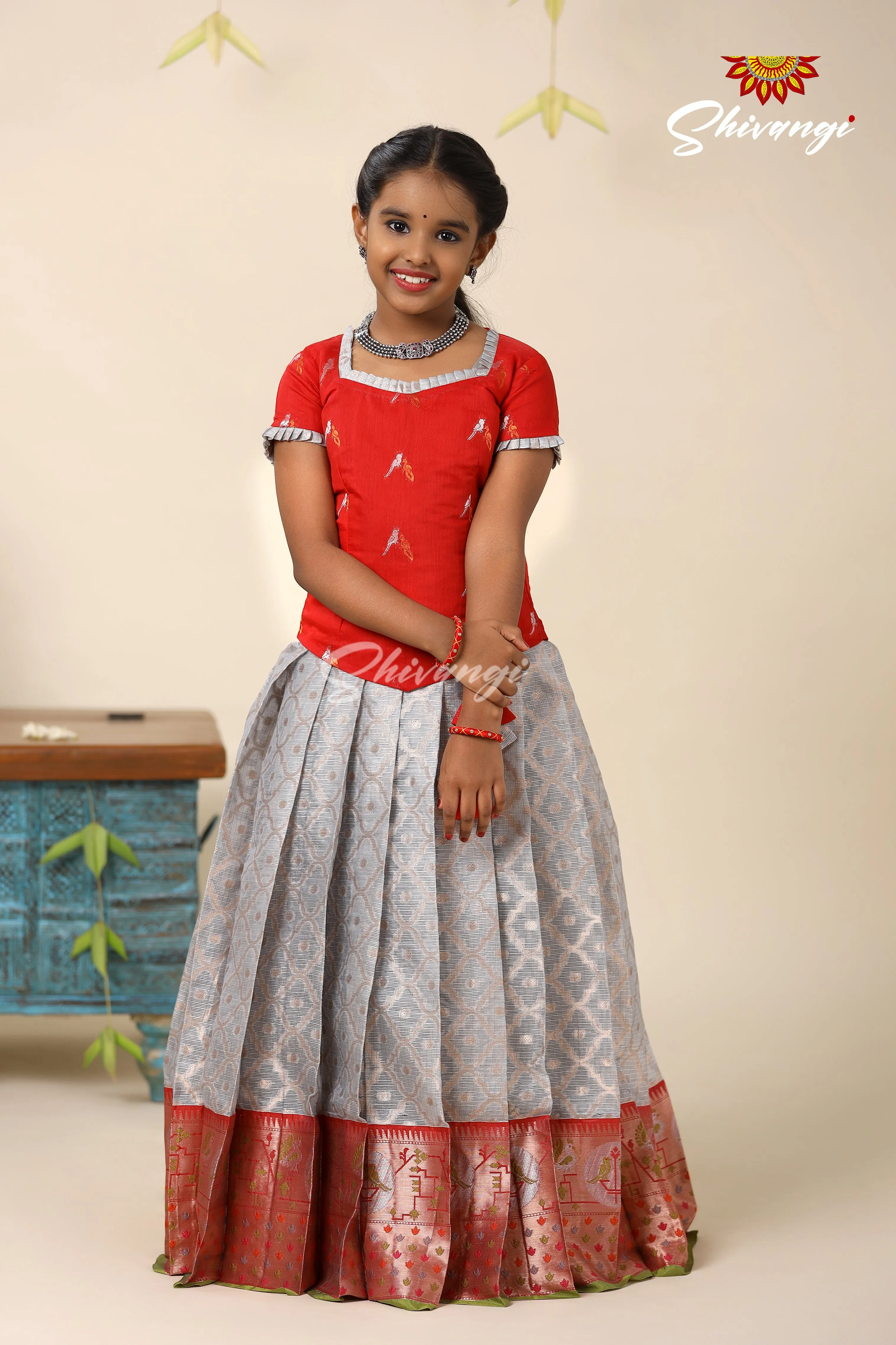 Festive Collection - Grey Kota Bird Pattu Pavadai For Kids  !!!