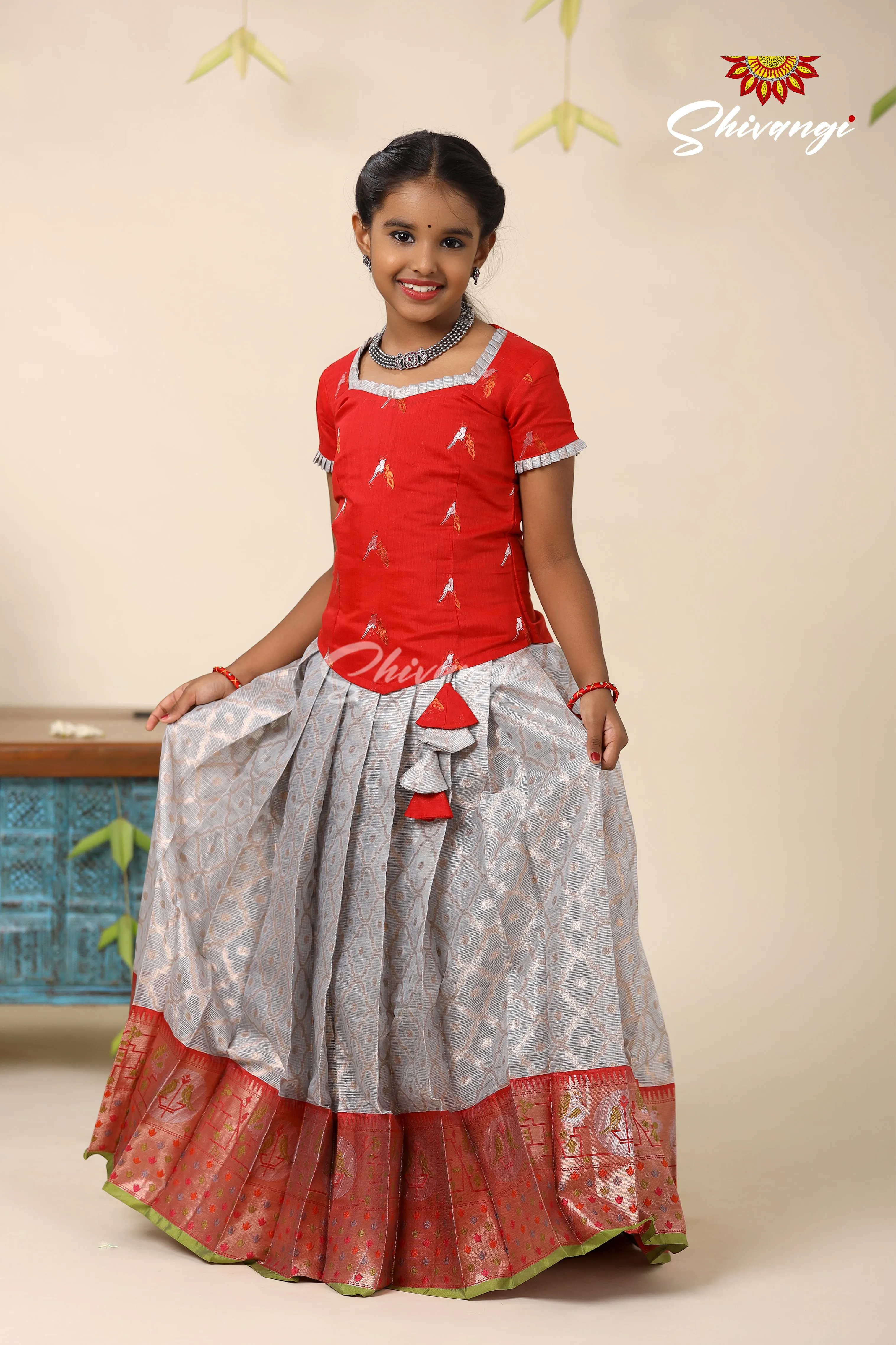 Festive Collection - Grey Kota Bird Pattu Pavadai For Kids  !!!